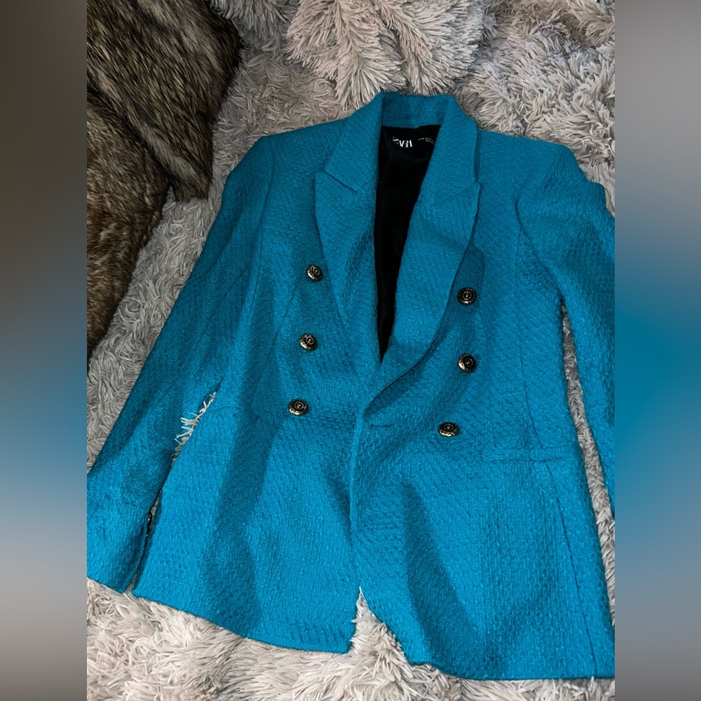 Zara Green Double Breasted Tweed Blazer - image 5